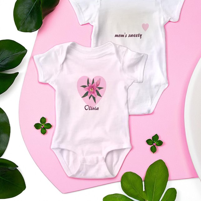 Pink Lily Heart Baby Strampler (Pink Lily Heart Baby Bodysuit)