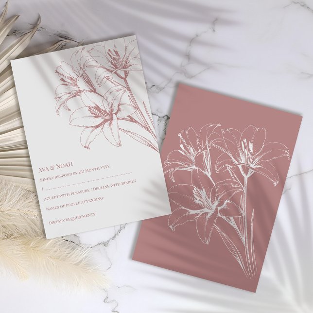 Pink Lily Kontur Wedding RSVP Karte (Von Creator hochgeladen)