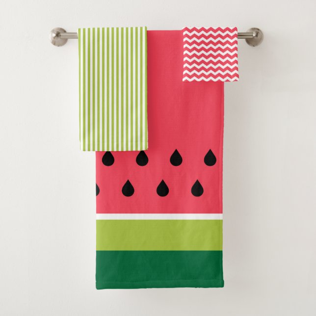 Pink Lime Green Watermelon Sommerfruchtmuster Badhandtuch Set (Insitu)