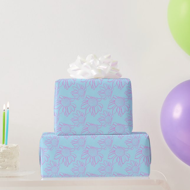 Pink Line Gezeichnet Blume Muster auf hellblau Geschenkpapier (Partygeschenke)