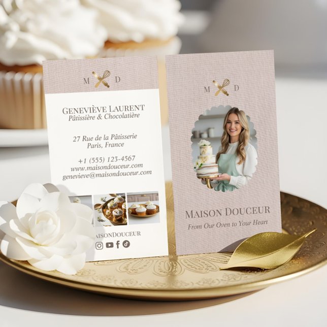 Pink Linen Elegant Chic Bakery Gold Whisk Photo  Visitenkarte (Pink Linen Elegant Chic Bakery Gold Whisk Photo Business Card)