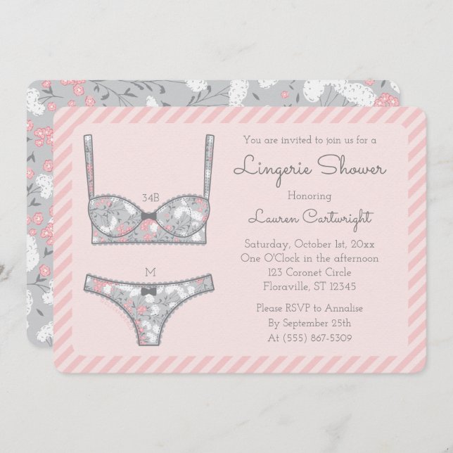 Pink Lingerie Dusche Graue Blume Einladung (Vorne/Hinten)