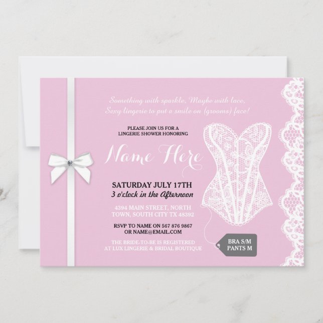 Pink Lingerie Dusche Invite White Lace Bridal Einladung (Vorderseite)