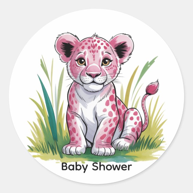 Pink Lion Girl Babydusche Runder Aufkleber (Vorderseite)