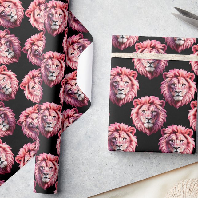 Pink Lion Head Animal Pattern Design - Black  Geschenkpapier (Von Creator hochgeladen)