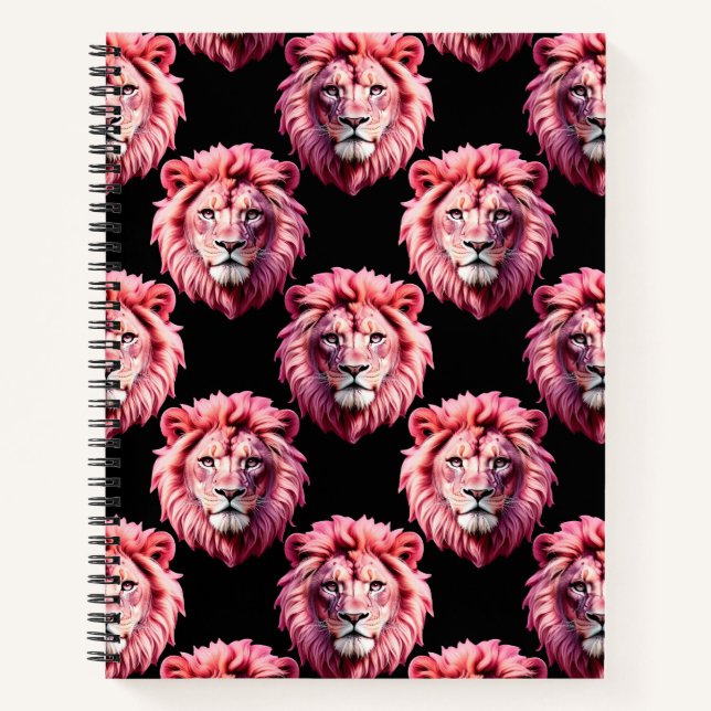 Pink Lion Head Animal Pattern Design - Black  Notizbuch (Vorderseite)