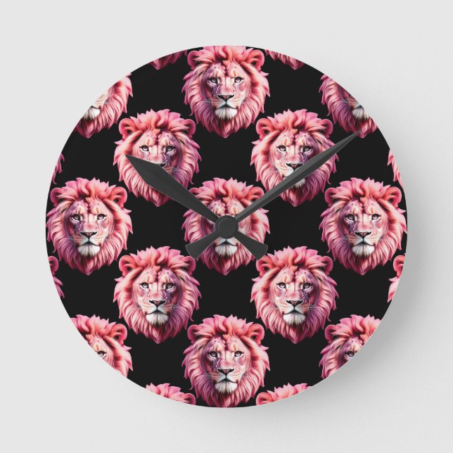 Pink Lion Head Animal Pattern Design - Black  Runde Wanduhr (Vorderseite)