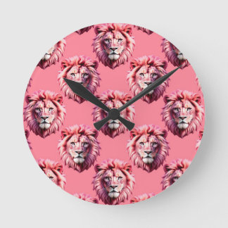 Pink Lion Head Animal Pattern Design Pink  Runde Wanduhr