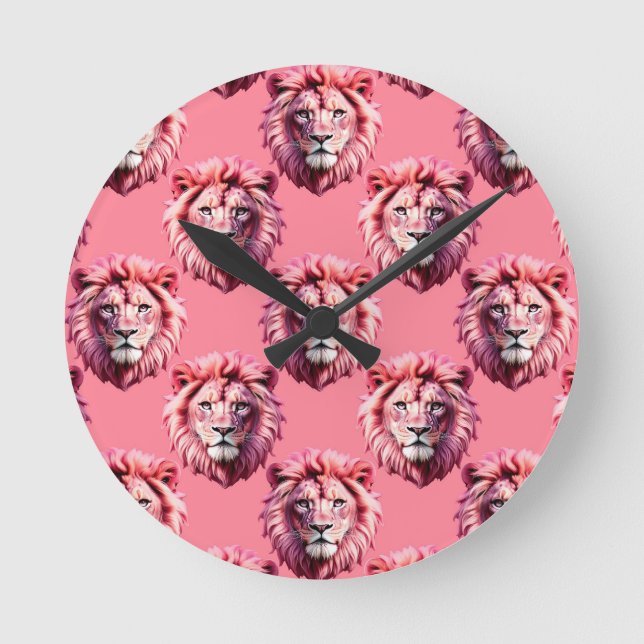 Pink Lion Head Animal Pattern Design Pink  Runde Wanduhr (Vorderseite)