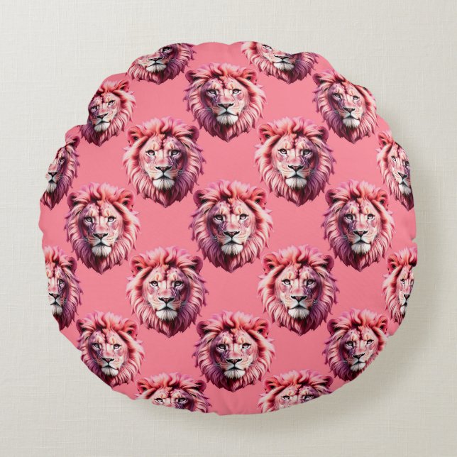 Pink Lion Head Animal Pattern Design Pink  Rundes Kissen (Vorderseite)