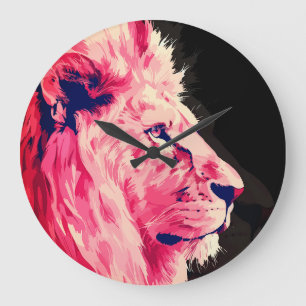 Pink Lion Majestät auf schwarzer Leinwand Große Wanduhr