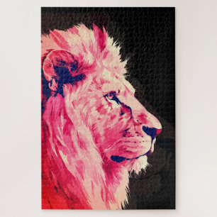 Pink Lion Majestät auf schwarzer Leinwand Puzzle