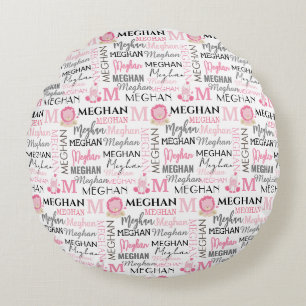 Pink Lion und Zebra mit Name und Monogramm Muster Rundes Kissen