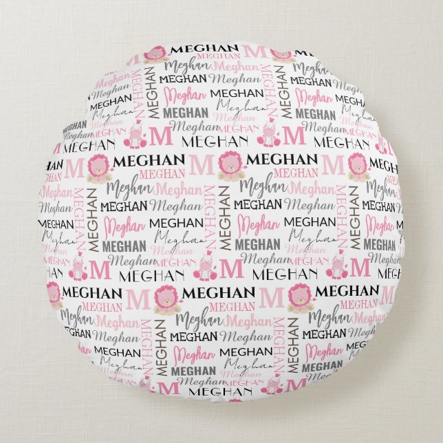 Pink Lion und Zebra mit Name und Monogramm Muster Rundes Kissen (Vorderseite)