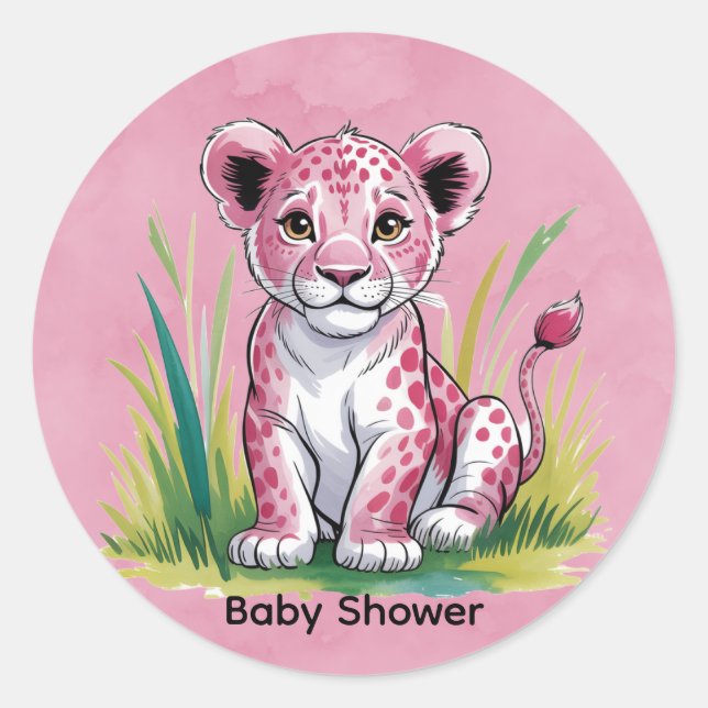 Pink Lion Watercolor Girl Babydusche Runder Aufkleber (Vorderseite)
