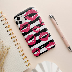 Pink Lip Print Kisses Black & White Strip Case-Mate iPhone 14 Hülle