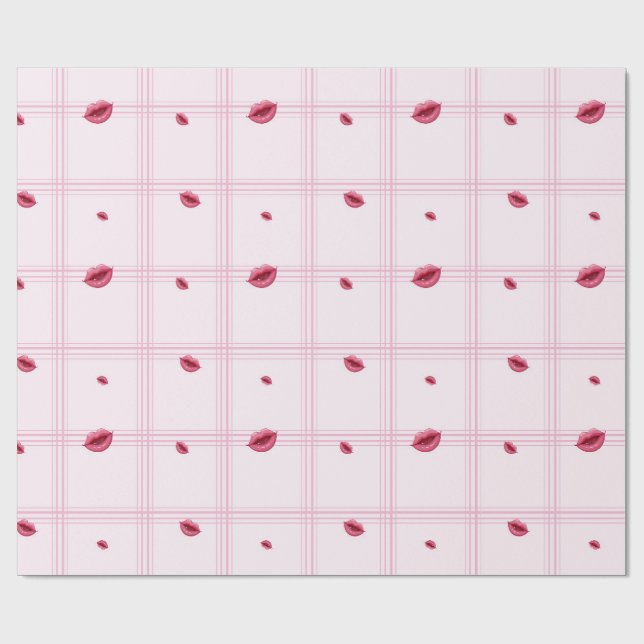 Pink Lip Prints on Plaid. Valentine's Day Geschenkpapier (Flach)
