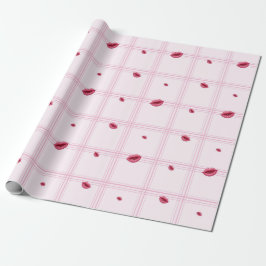 Pink Lip Prints on Plaid. Valentine's Day Geschenkpapier
