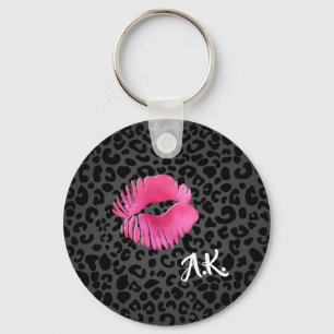 Pink Lipgloss Kuss-Schwarz-Leopard mit Monogramm Schlüsselanhänger