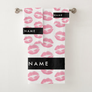 Pink Lips, Kiss, Lipstick, Ihr Name, Personalisier Badhandtuch Set