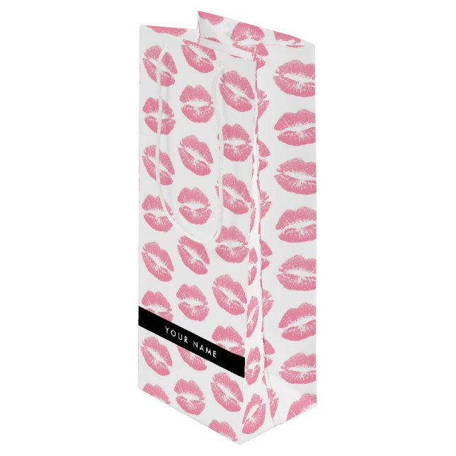Pink Lips, Kiss, Lipstick, Ihr Name, Personalisier Geschenktüte Für Weinflaschen (Vorderseite Schrägansicht)