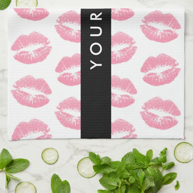 Pink Lips, Kiss, Lipstick, Ihr Name, Personalisier Geschirrtuch (Gefaltet)