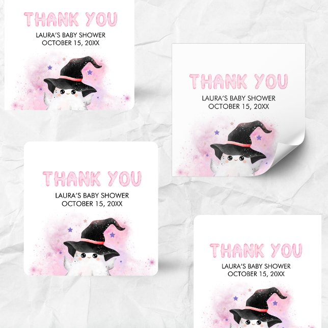 Pink Little Boo Ghost Witch Baby Shower Quadratischer Aufkleber (Little Boo Halloween Baby Shower Square Sticker)