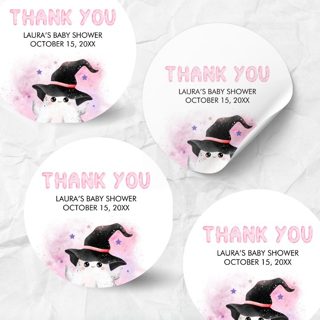 Pink Little Boo Ghost Witch Baby Shower Runder Aufkleber (Little Boo Halloween Baby Shower Round Sticker)