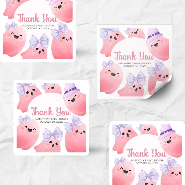 Pink Little Boo Halloween Kinderdusche Quadratischer Aufkleber (Girl Little Boo Halloween Baby Shower Sticker)