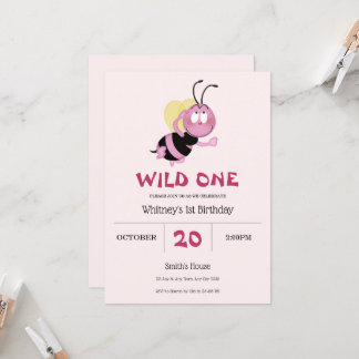 Pink Little Bumblebee 1st Birthday Invitation Einladung