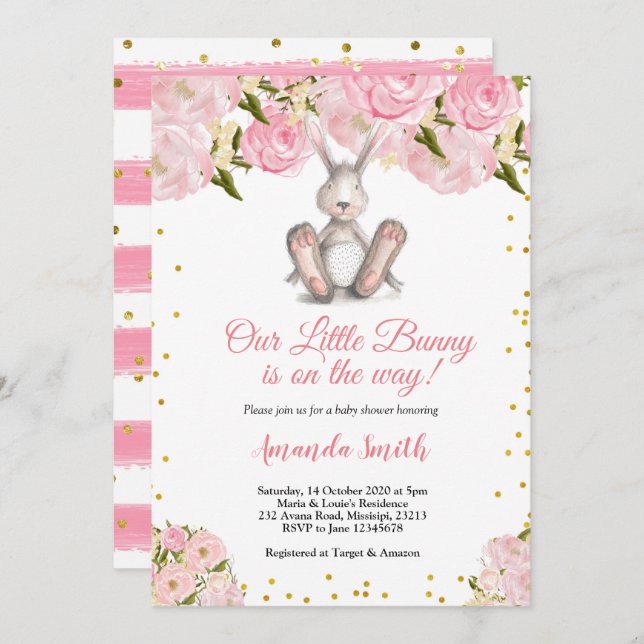 Pink Little Bunny Gold Baby Dusche Einladung (Vorne/Hinten)