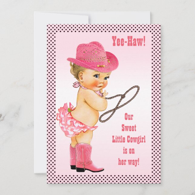 Pink Little Cowgirl Polka Dots Baby Dusche Einladung (Vorderseite)