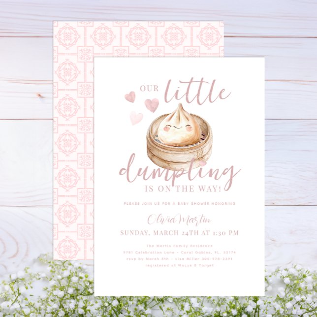 Pink Little Dumpling Watercolor Babydusche Einladung (pink dumpling baby shower)