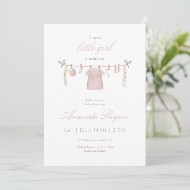 Pink Little Girl Baby Shower Invitation Dankeskarte (Stehend Vorderseite)