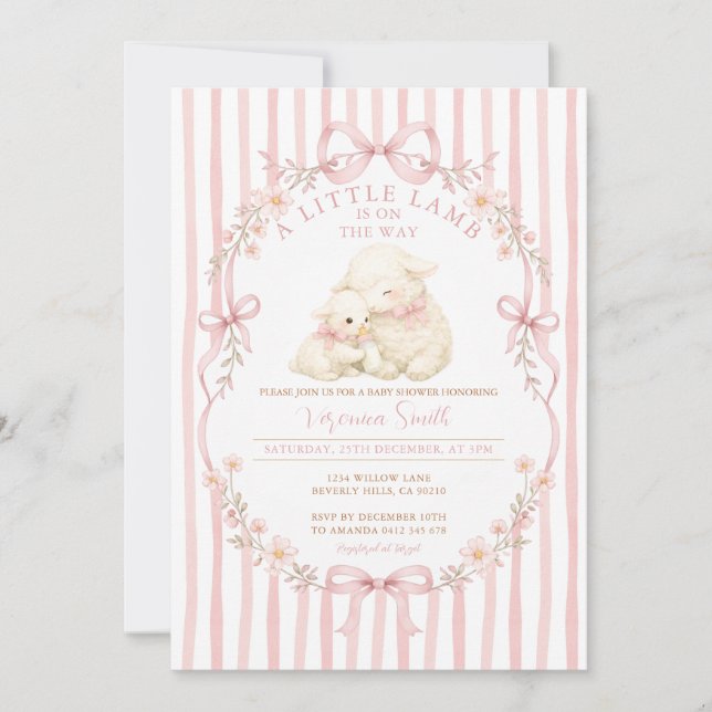 Pink Little Lamb Baby Shower Stripes Invitation Einladung (Vorderseite)