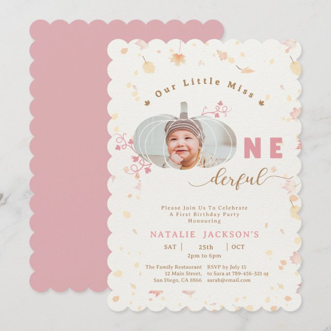 Pink Little Pumpkin Einzigartiges Foto 1. Geburtst Einladung (Vorne/Hinten)