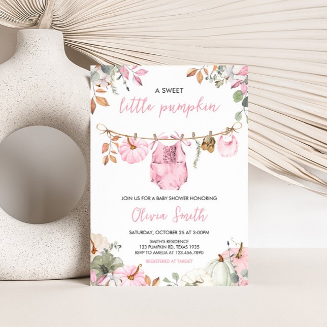 Pink Little Pumpkin Fall Autumn Baby Shower  Einladung (Pink Little Pumpkin Fall Clothesline Baby Shower Invitation)