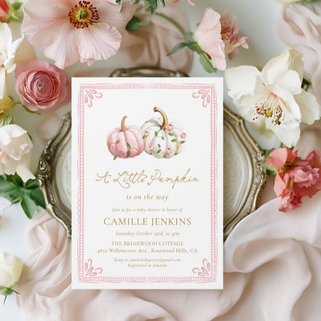 Pink Little Pumpkin Girl Baby Shower Einladung (Elegant Pink Pumpkin Fall Girl Baby Shower Invitation)