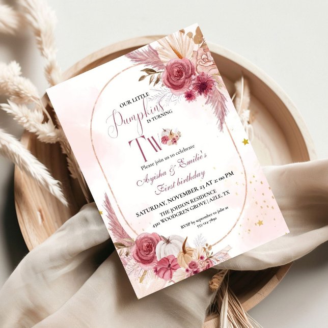 Pink Little Pumpkin Twin Girl2 Geburtstag Einladung (Von Creator hochgeladen)