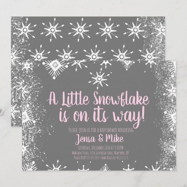 Pink Little Snowflakes Snowy Script Baby Dusche Einladung (Vorne/Hinten)
