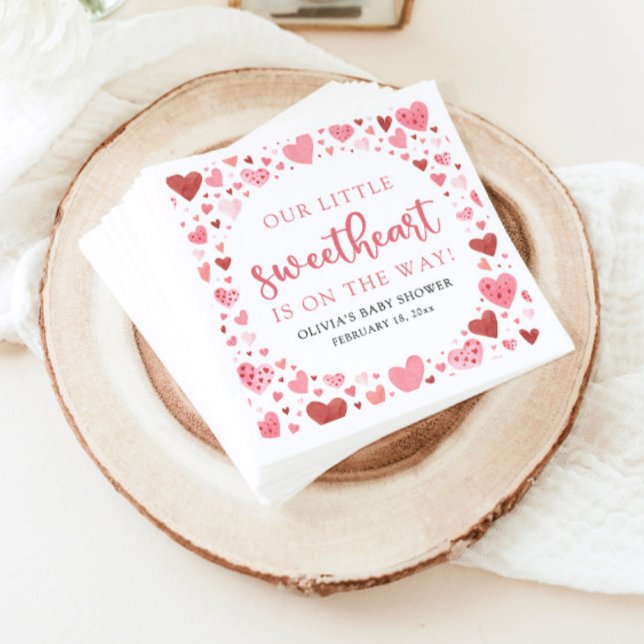 Pink Little Sweetheart Valentine's Day Babydusche Serviette (Watercolor Cute Pink and Red Hearts A Little Sweetheart Valentine's Day Baby Shower Napkins)