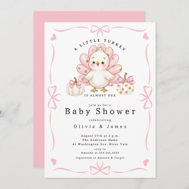 Pink Little Turkey Baby Shower Invite Einladung (Vorne/Hinten)