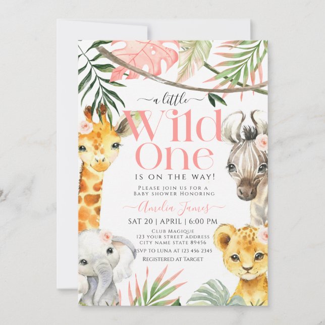 Pink Little Wild One Safari Jungle Baby Shower Einladung (Vorderseite)