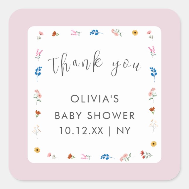 Pink Little Wildblume Babydusche Danke Quadratischer Aufkleber (Vorderseite)