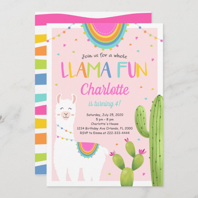 Pink Llama Cactus Birthday Einladung (Vorne/Hinten)