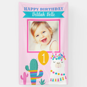 Pink Llama Happy Birthday Girl Foto Party Banner