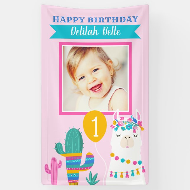 Pink Llama Happy Birthday Girl Foto Party Banner