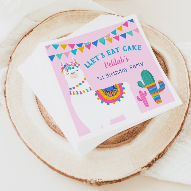 Pink Llama Llet's Eat Cake Birthday Party Serviette (Von Creator hochgeladen)