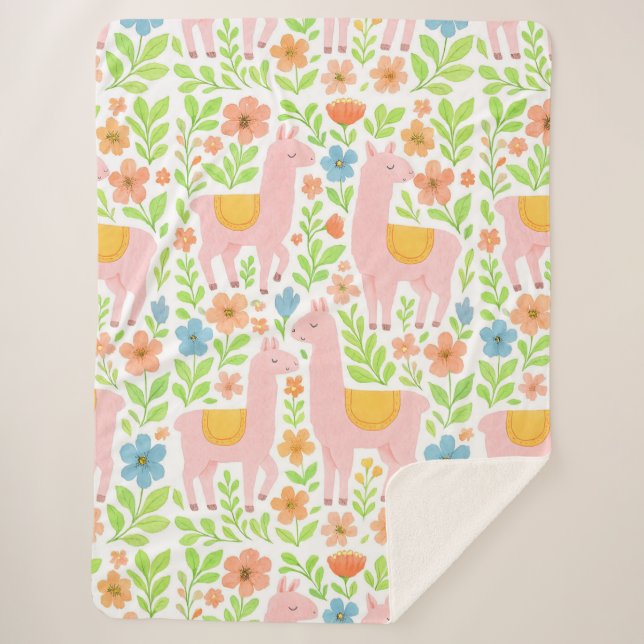 Pink Llamas & Flowers Sherpa Blanket - Customiz Sherpadecke (Vorderseite)