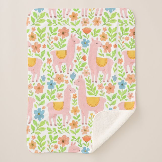 Pink Llamas & Flowers Sherpa Blanket - Customiz Sherpadecke (Vorderseite)